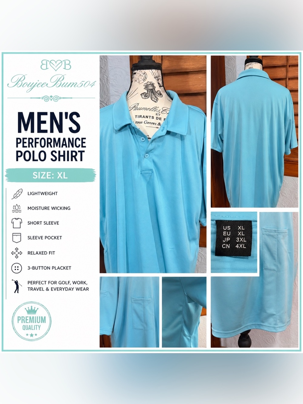 Men’s Aqua Performance Golf Polo Shirt XL | Short Sleeve Athletic Pocket Polo